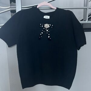 CeCe Black Sweater Top with Embellished Bow Size L NWT